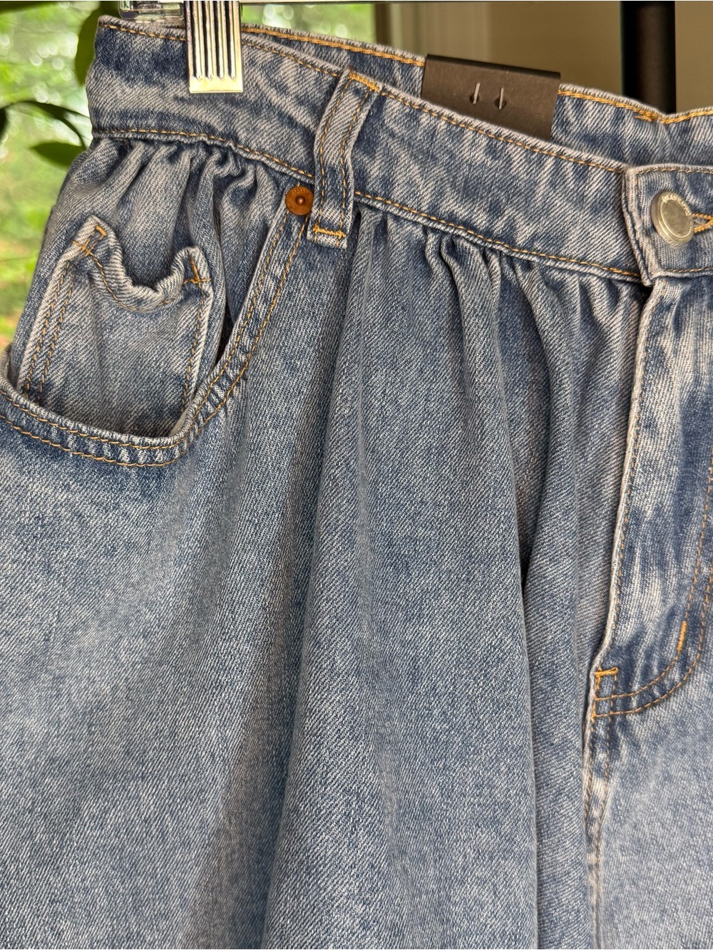 Blank NYC Light Wash Denim Pleated Gathered Waistband Mini Skirt - Picture 3 of 7
